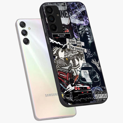 Die Young Glass Case displayed in angled mockup highlighting expressive graphic artwork with edgy aesthetic style.