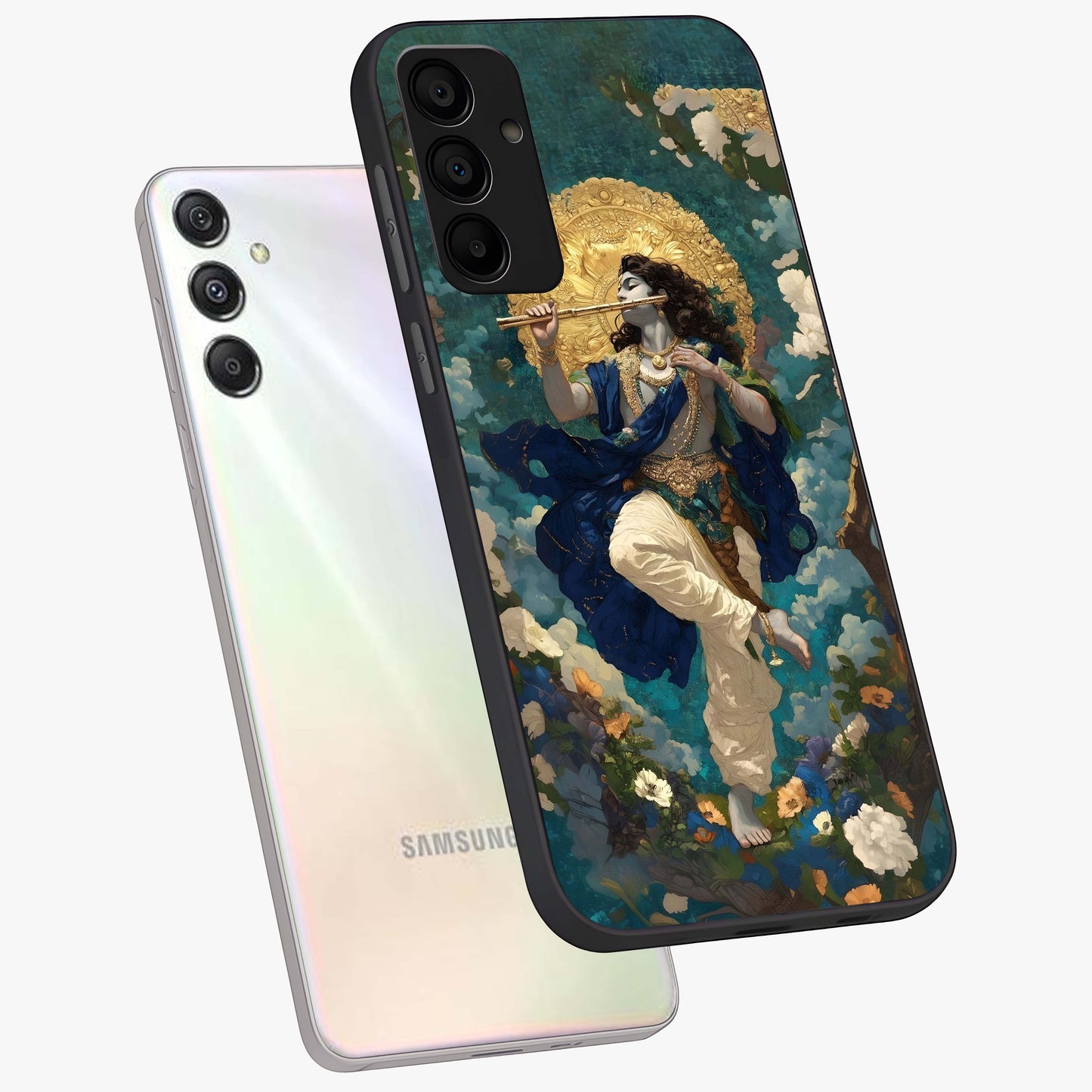Divine Krishna Art Glass Case displayed in angled mockup highlighting spiritual Krishna illustration with devotional aesthetic.