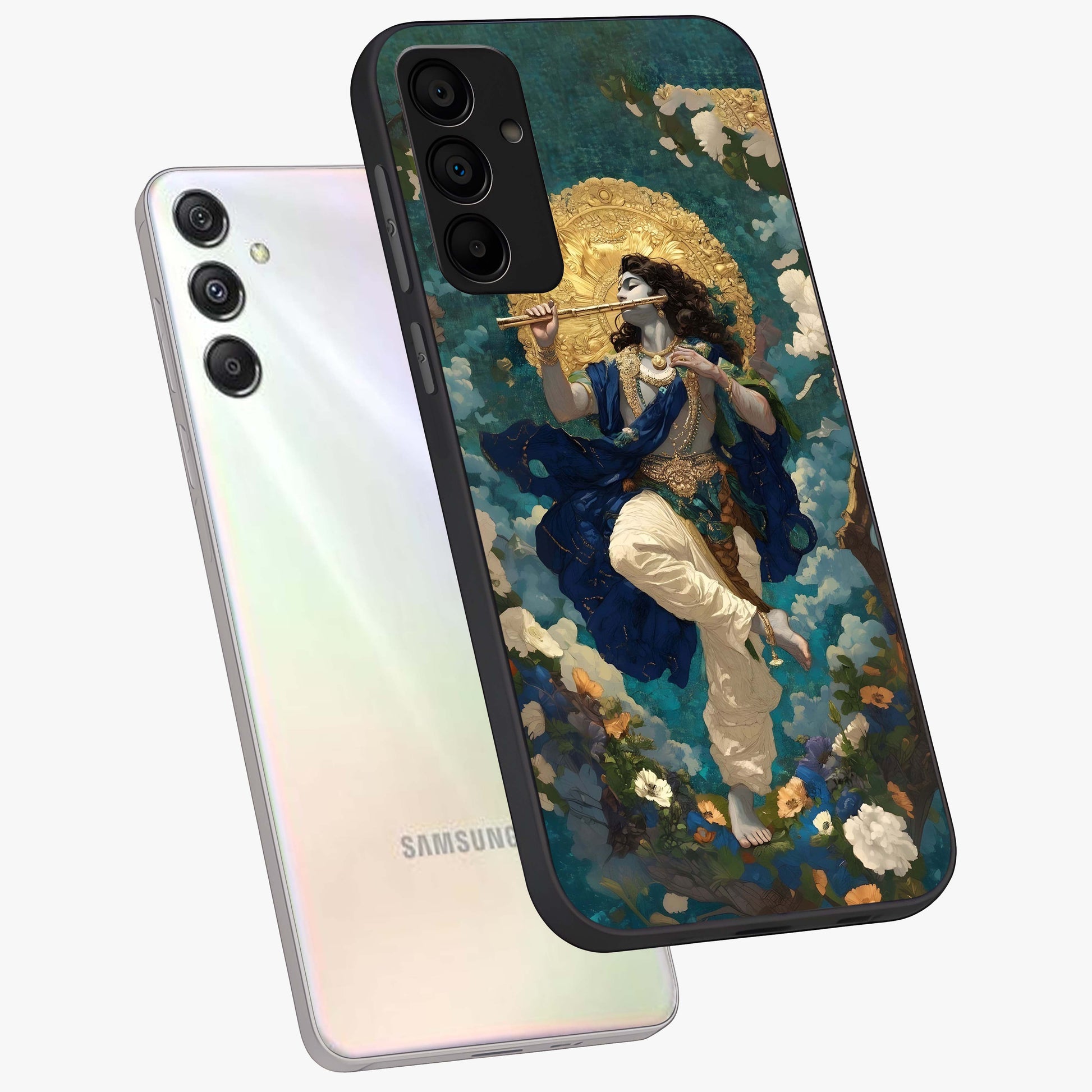 Divine Krishna Art Glass Case displayed in angled mockup highlighting spiritual Krishna illustration with devotional aesthetic.