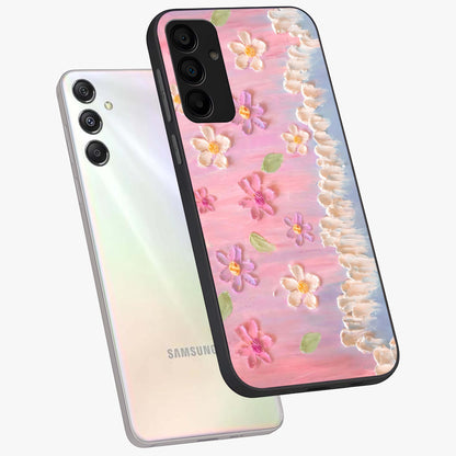 Dreamy Painted Garden Glass Case displayed in angled mockup highlighting colorful garden illustration with dreamy aesthetic style.