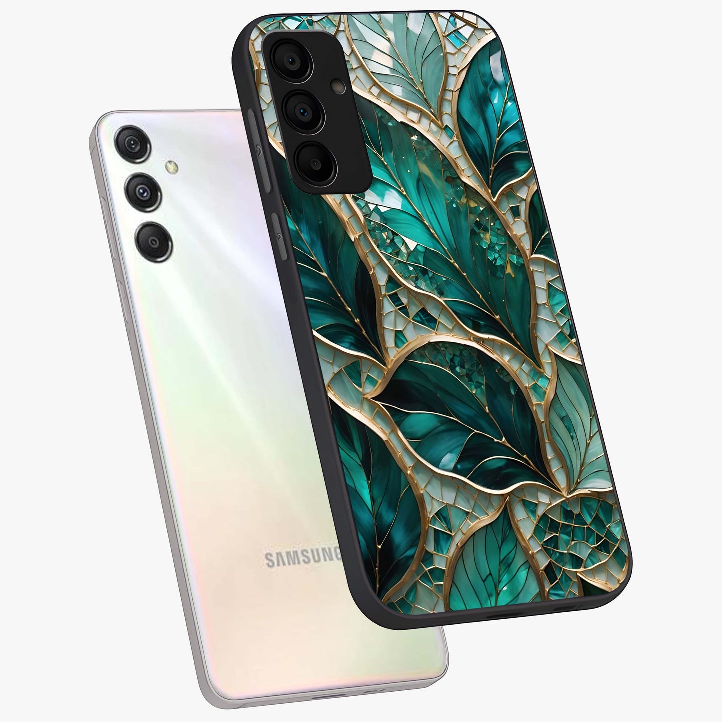 Emerald Leaf Glass Glass Case displayed in angled mockup highlighting botanical leaf illustration with elegant natural aesthetic.