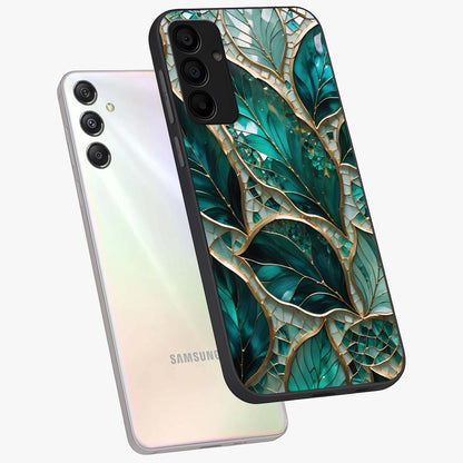 Emerald Leaf Glass Glass Case displayed in angled mockup highlighting botanical leaf illustration with elegant natural aesthetic.