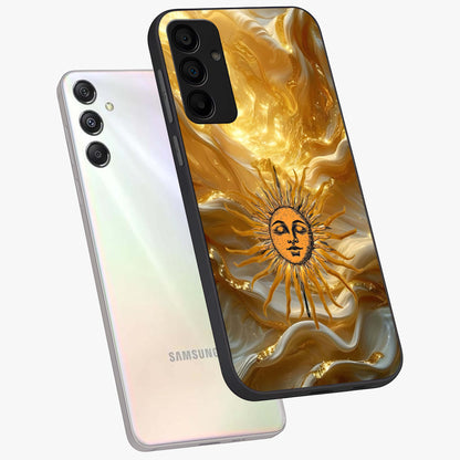 Eternal Golden Glow Glass Case displayed in angled mockup highlighting glowing golden aesthetic design with elegant style.