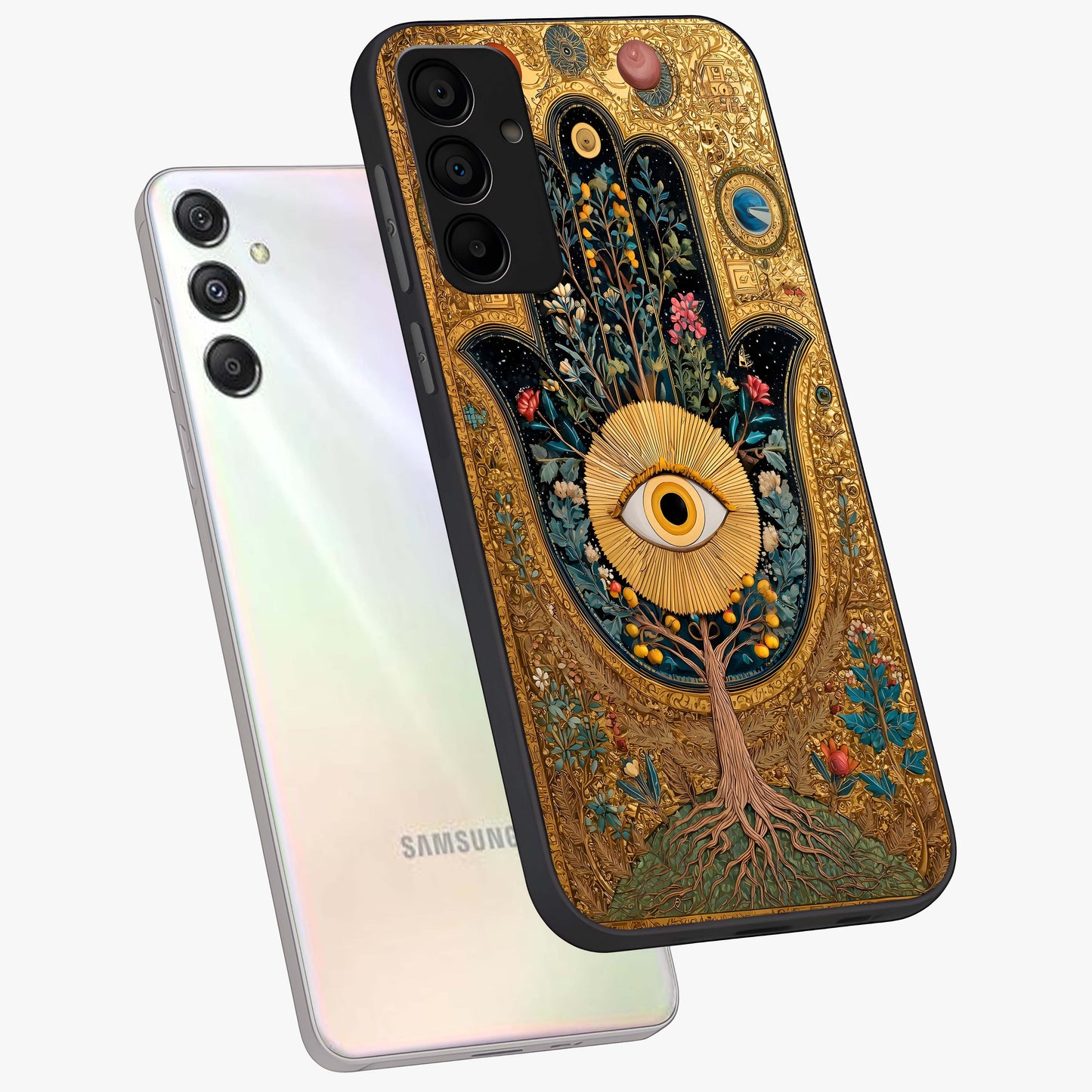 Ethereal Evil Eye Glass Case displayed in angled mockup highlighting protective evil eye symbol with spiritual aesthetic design.