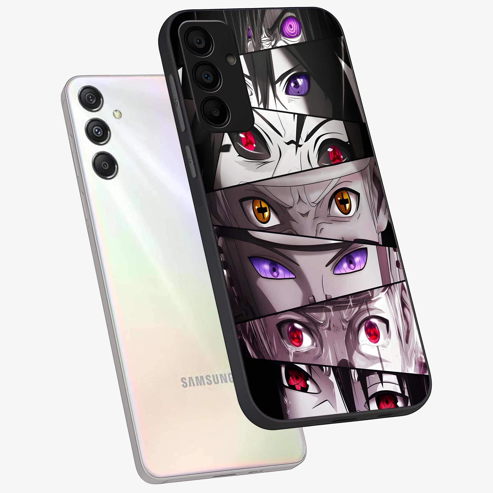 Eyes of Destiny Glass Case displayed in angled mockup highlighting bold eye illustration with mystical aesthetic style.