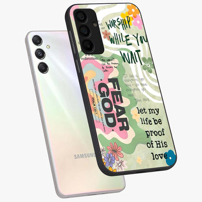Faith Over Fear Glass Case displayed in angled mockup highlighting inspirational message design with modern aesthetic style.