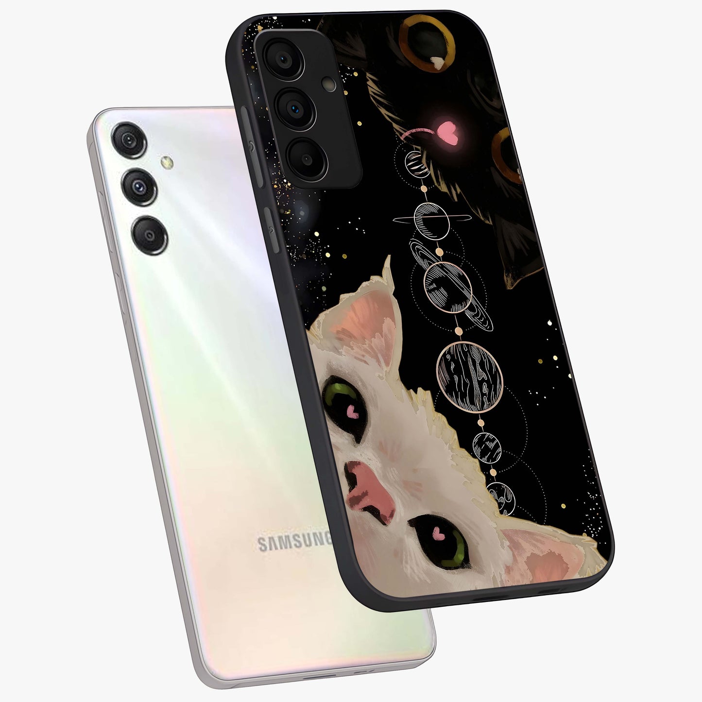 Galactic Cat Glass Case displayed in angled mockup highlighting celestial feline illustration with galaxy aesthetic style.
