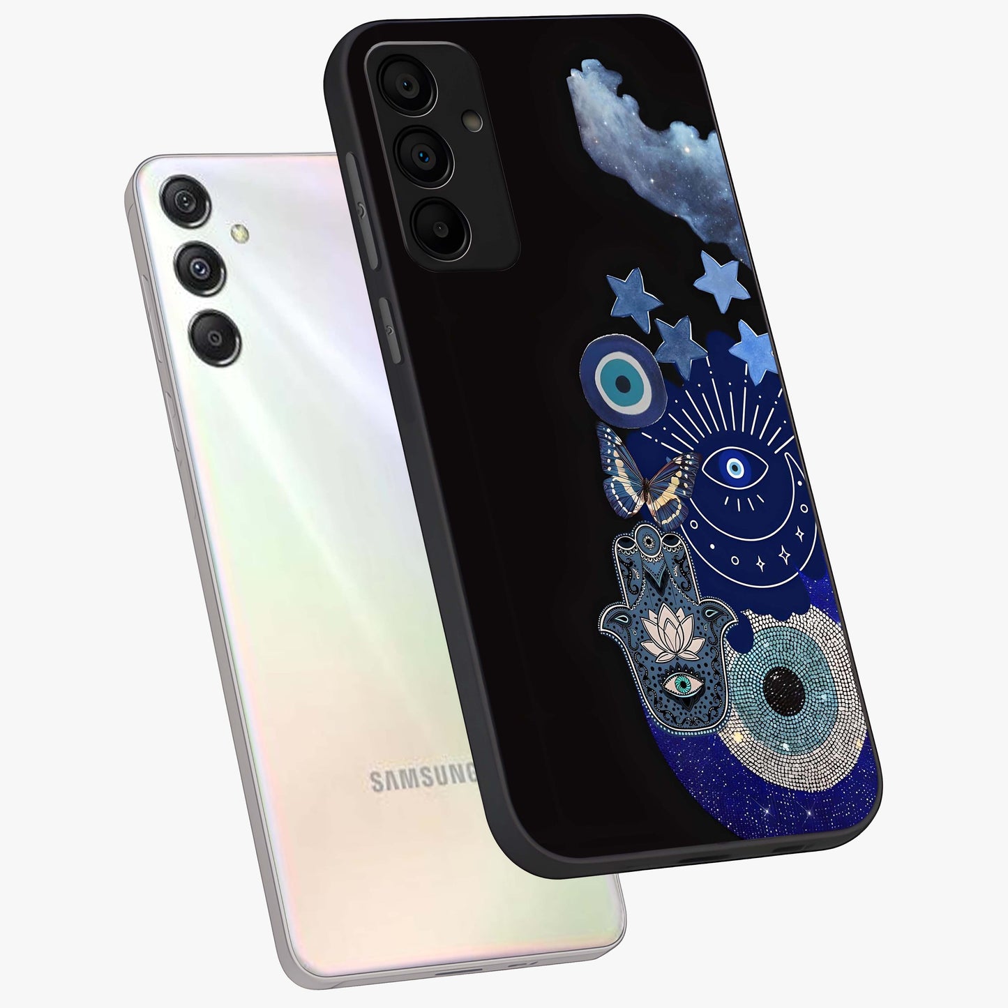 Galactic Charm Cluster Glass Case displayed in angled mockup highlighting luminous galaxy inspired design with dreamy aesthetic.