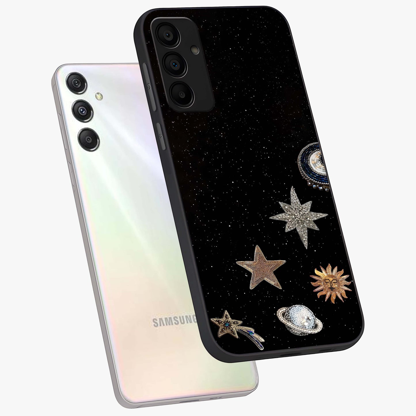 Galactic Charm Glow Glass Case displayed in angled mockup highlighting luminous galaxy inspired design with dreamy aesthetic.