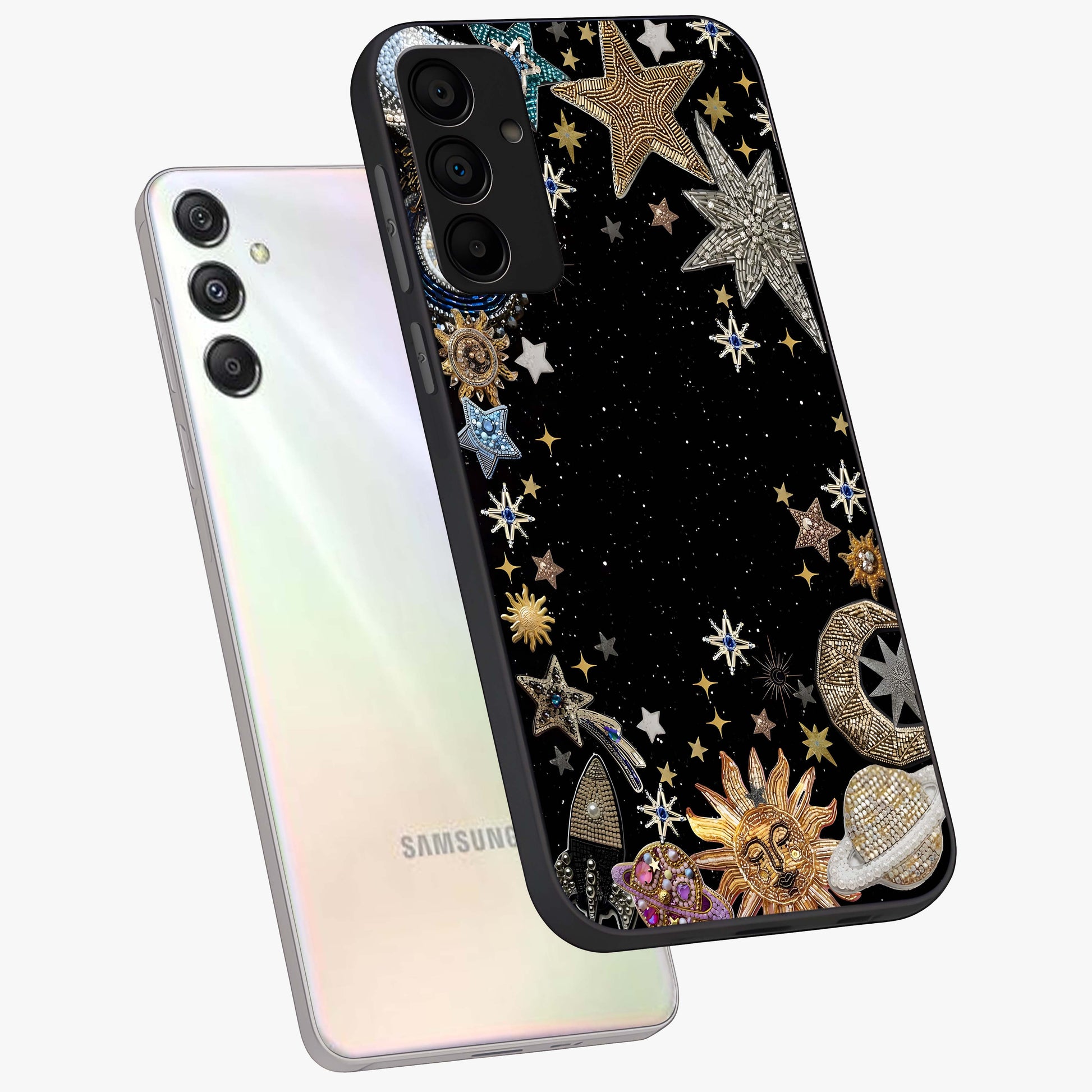 Galactic Jewel Stars Glass Case displayed in angled mockup highlighting shining celestial star design with cosmic aesthetic style.
