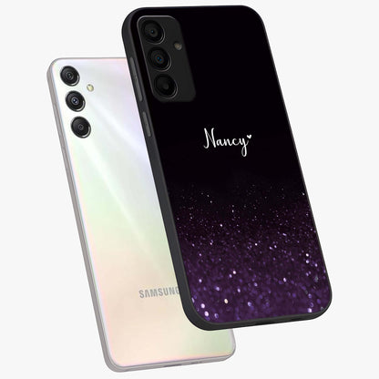 Glittery Purple Bokeh Custom Name Glass Case displayed in angled mockup highlighting glitter bokeh pattern with custom name feature.