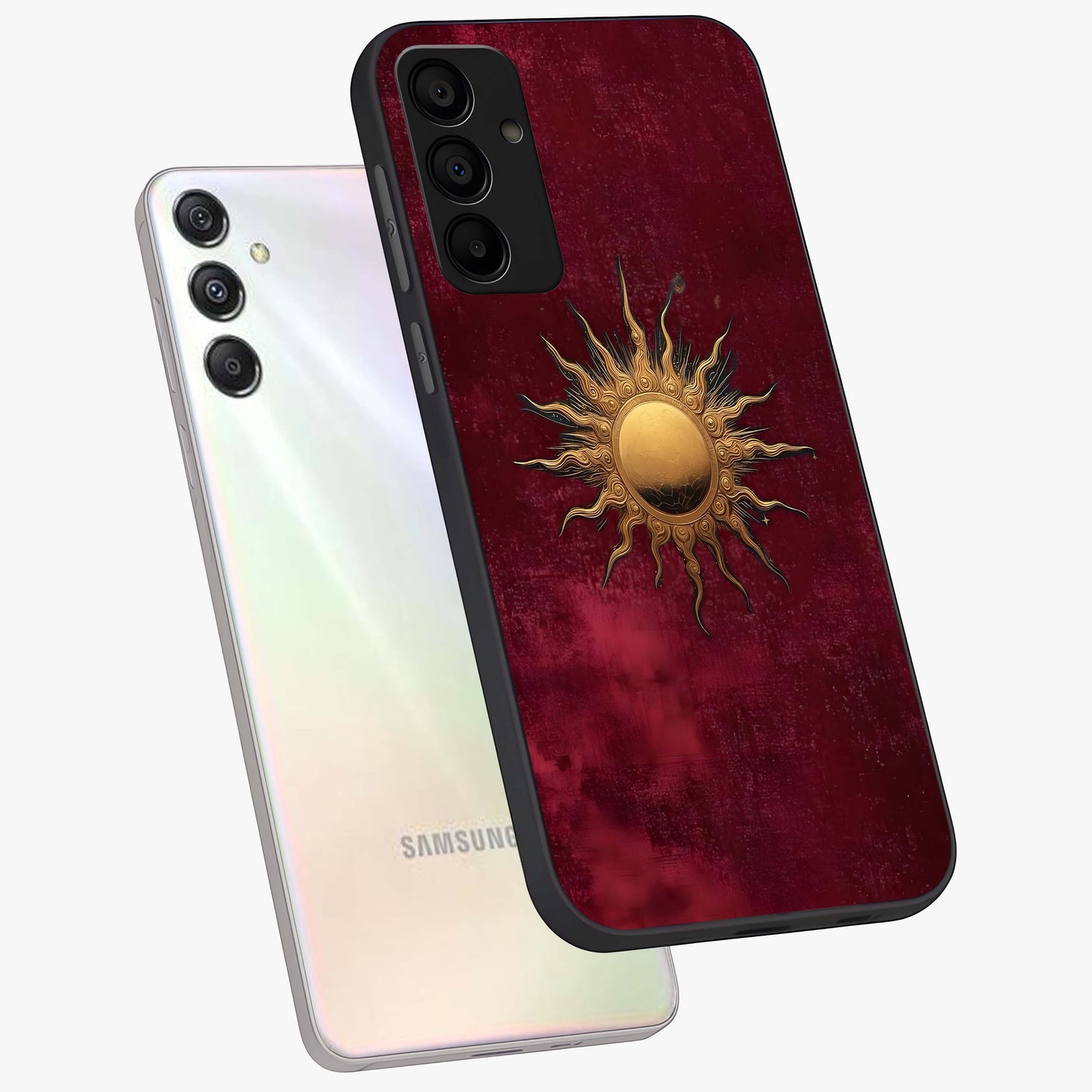 Golden Sun Minimalism Glass Case displayed in angled mockup highlighting clean sun symbol design with modern minimal aesthetic.