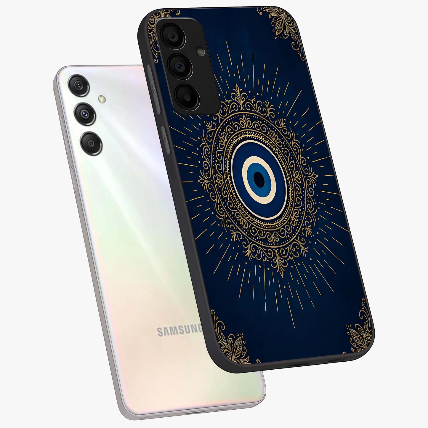 Golden Celestial Charm Glass Case displayed in angled mockup highlighting sparkling cosmic charm design with celestial aesthetic.