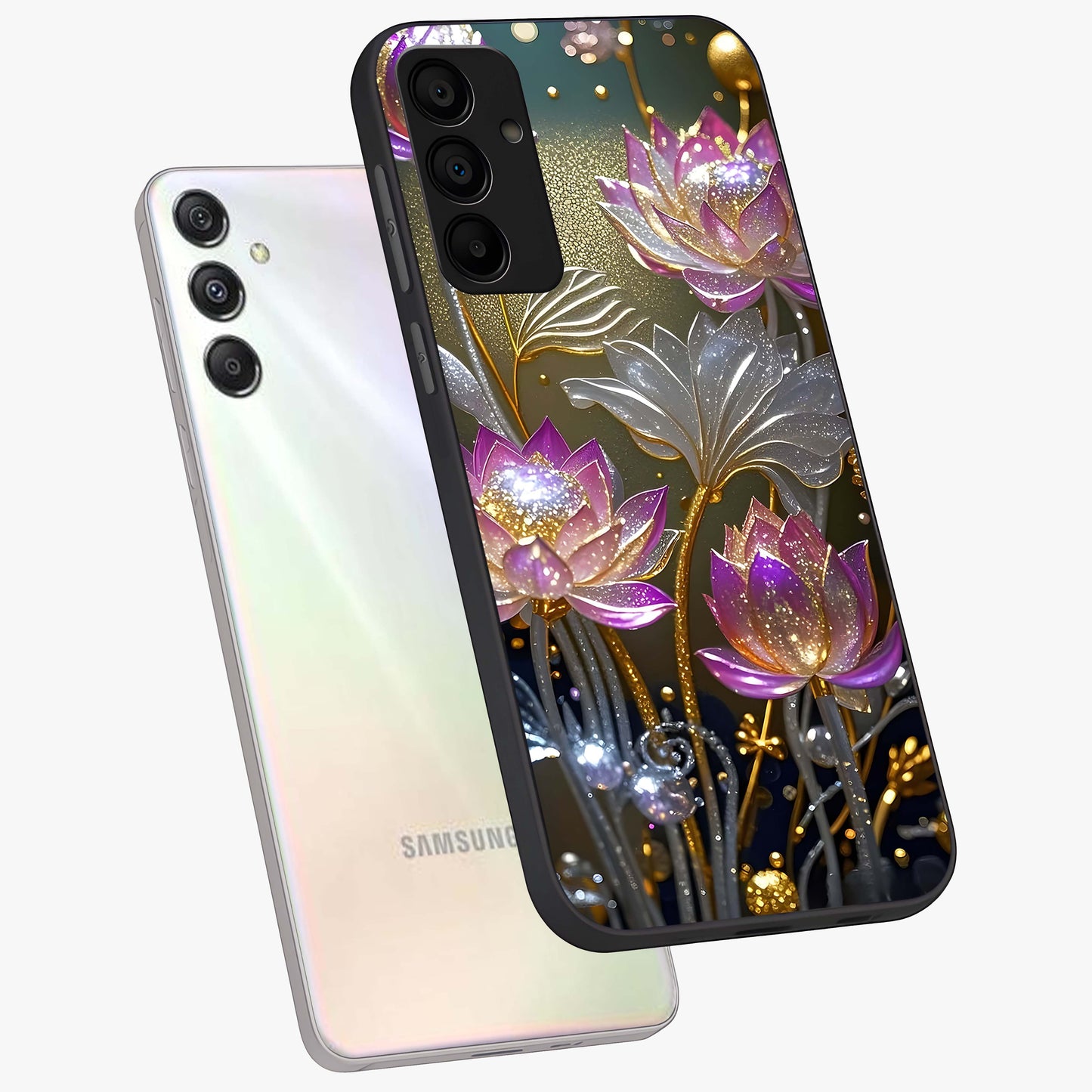 Golden Floral Majesty Glass Case displayed in angled mockup highlighting elegant flower design with royal golden aesthetic.