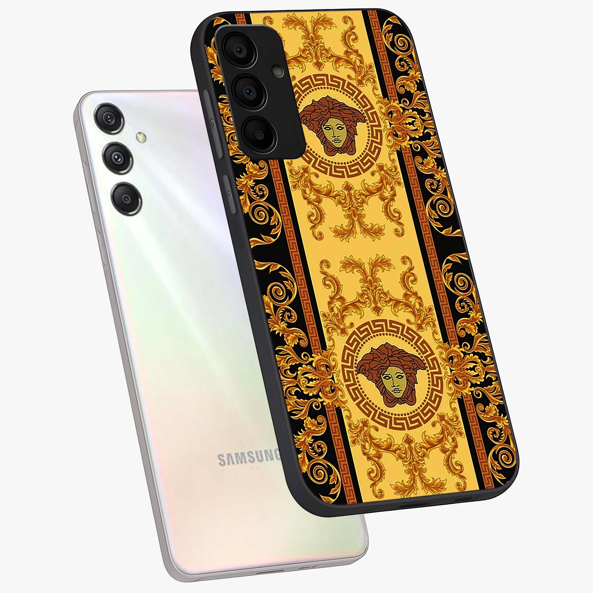 Golden Lotus Glow Glass Case displayed in angled mockup highlighting radiant lotus illustration with spiritual aesthetic.