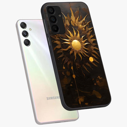 Golden Sun Majesty Glass Case displayed in angled mockup highlighting eerie shadow illustration with gothic aesthetic.