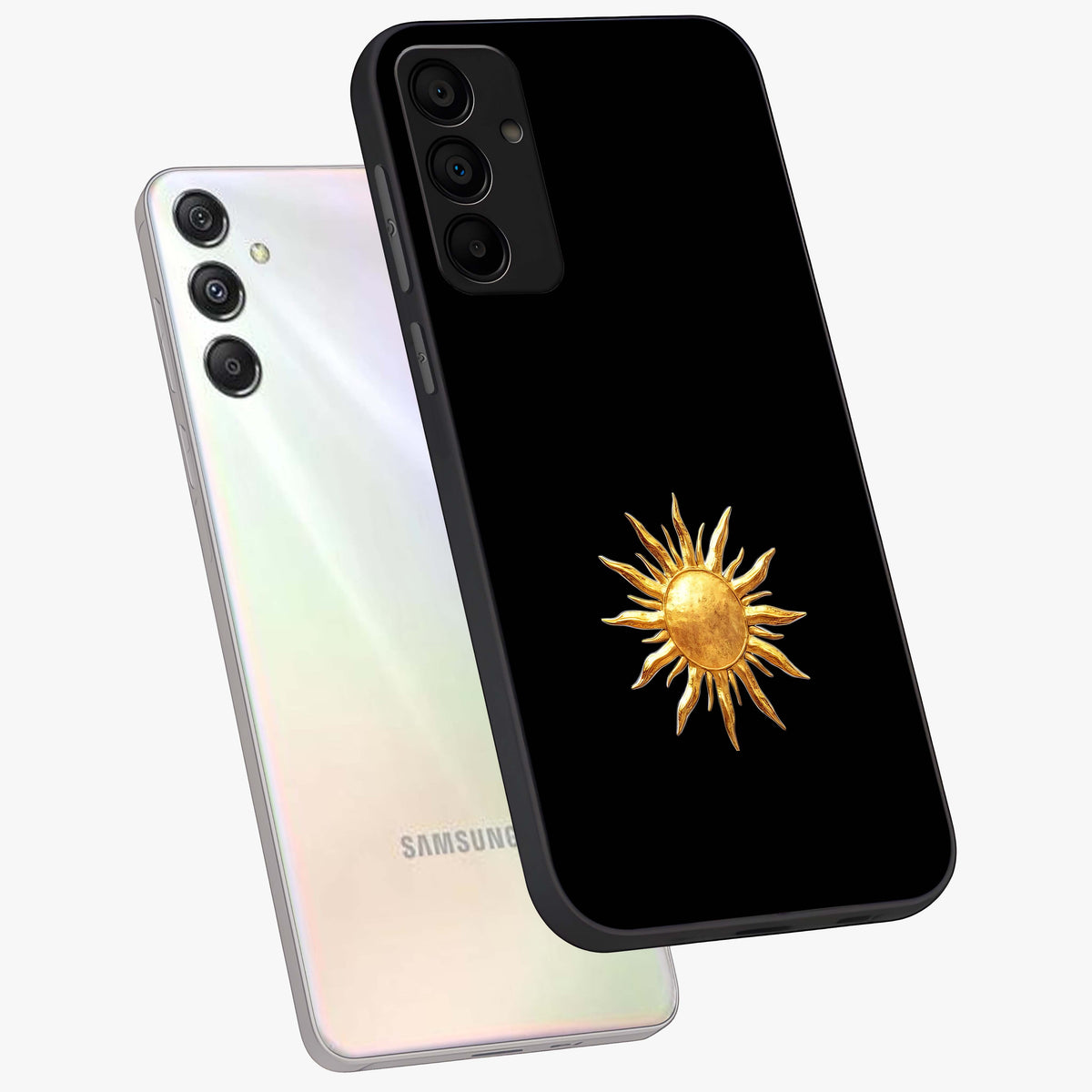 Golden Sun Minimalism Glass Case displayed in angled mockup highlighting eerie shadow illustration with gothic aesthetic.