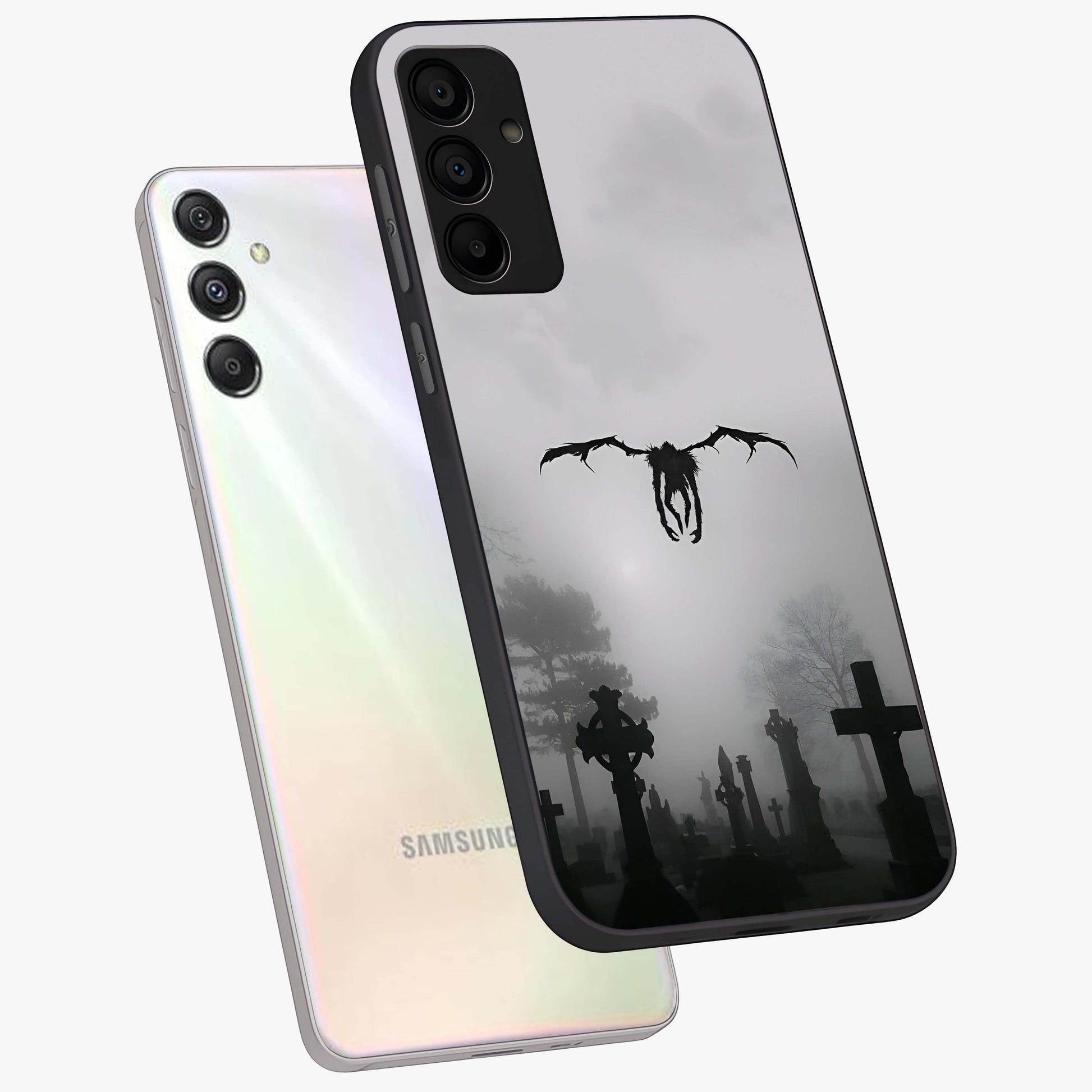 Graveyard Shadow Descent Glass Case displayed in angled mockup highlighting eerie shadow illustration with gothic aesthetic.