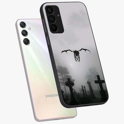 Graveyard Shadow Descent Glass Case displayed in angled mockup highlighting eerie shadow illustration with gothic aesthetic.
