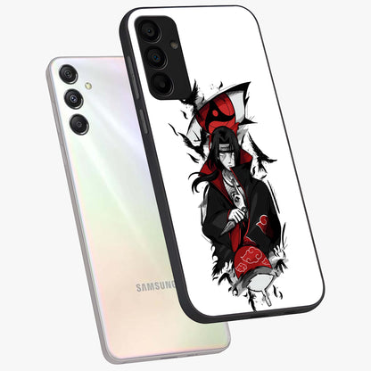 Itachi Limited Edition Naruto Anime Glass Case displayed in angled mockup highlighting dramatic anime illustration with bold action aesthetic.