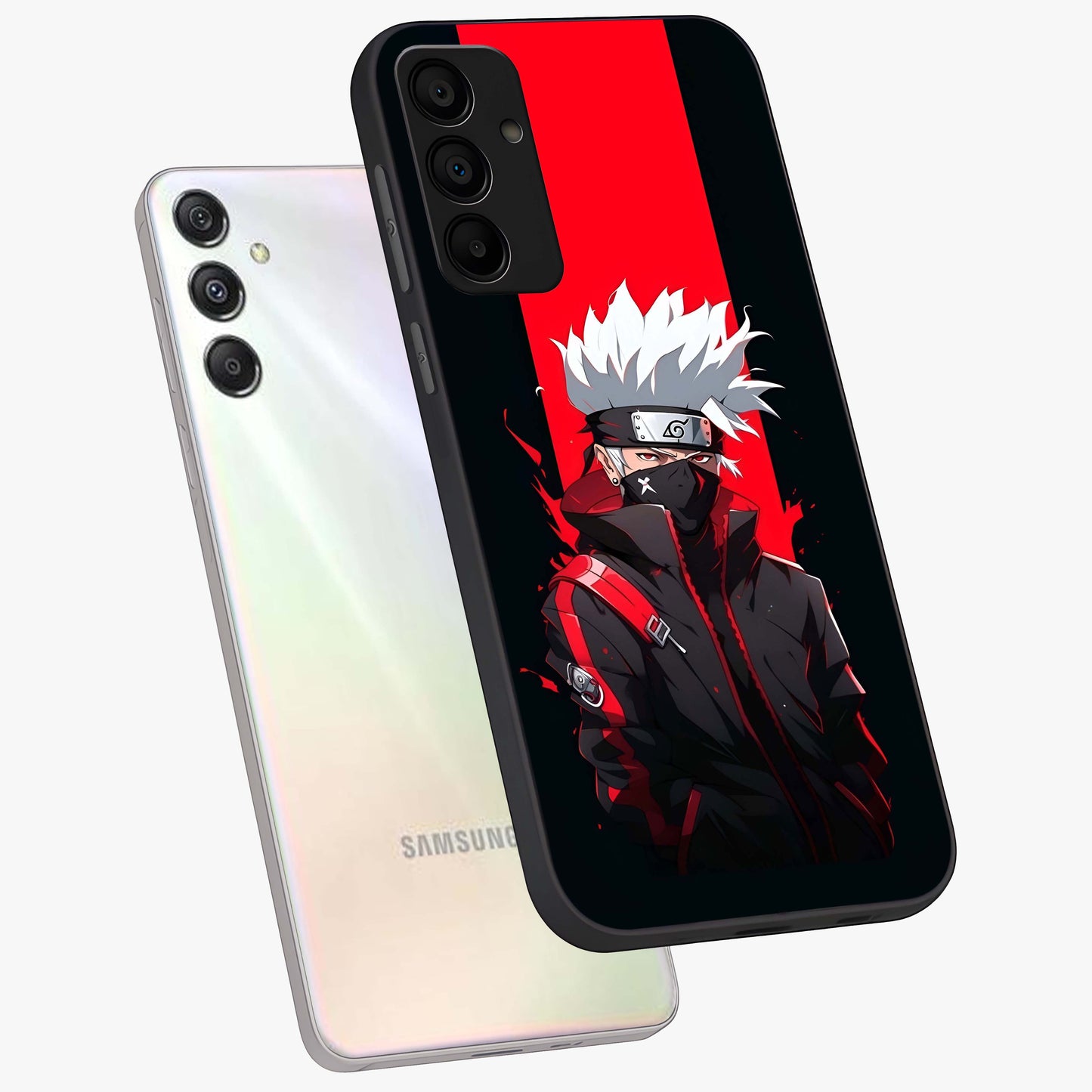 Kakashi Scarlet Shadow Glass Case displayed in angled mockup highlighting dramatic ninja illustration with scarlet themed aesthetic.