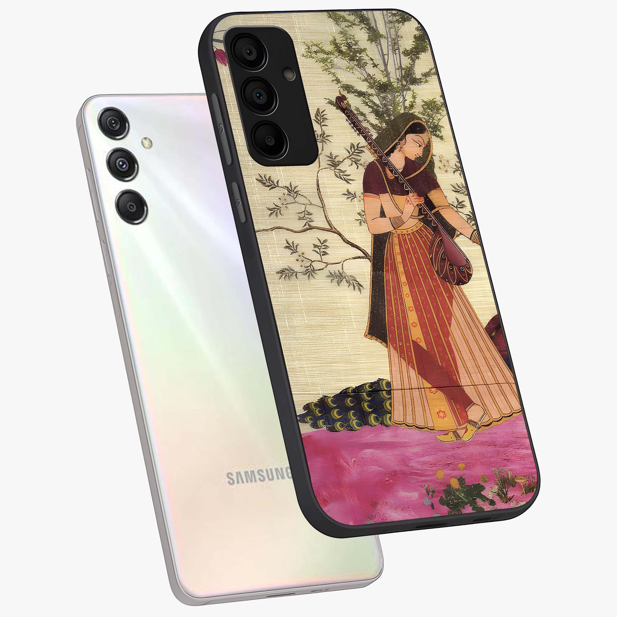 Lady With Veena Art Glass Case displayed in angled mockup highlighting graceful musical illustration with cultural artistic aesthetic.