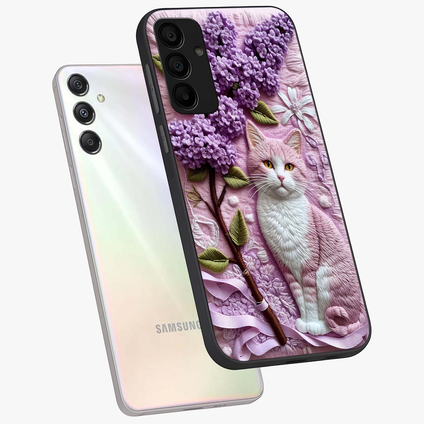 Lavender Cat Whimsy Glass Case displayed in angled mockup highlighting playful feline illustration with pastel lavender aesthetic.