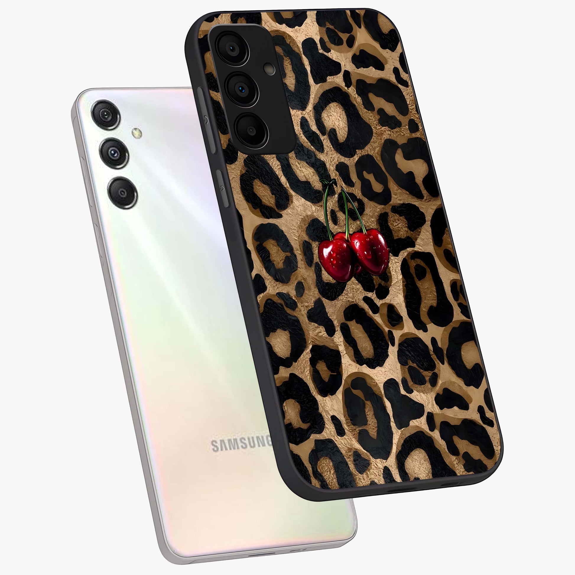 Leopard Wild Cherry Glass Case displayed in angled mockup highlighting bold animal print design with playful cherry aesthetic.
