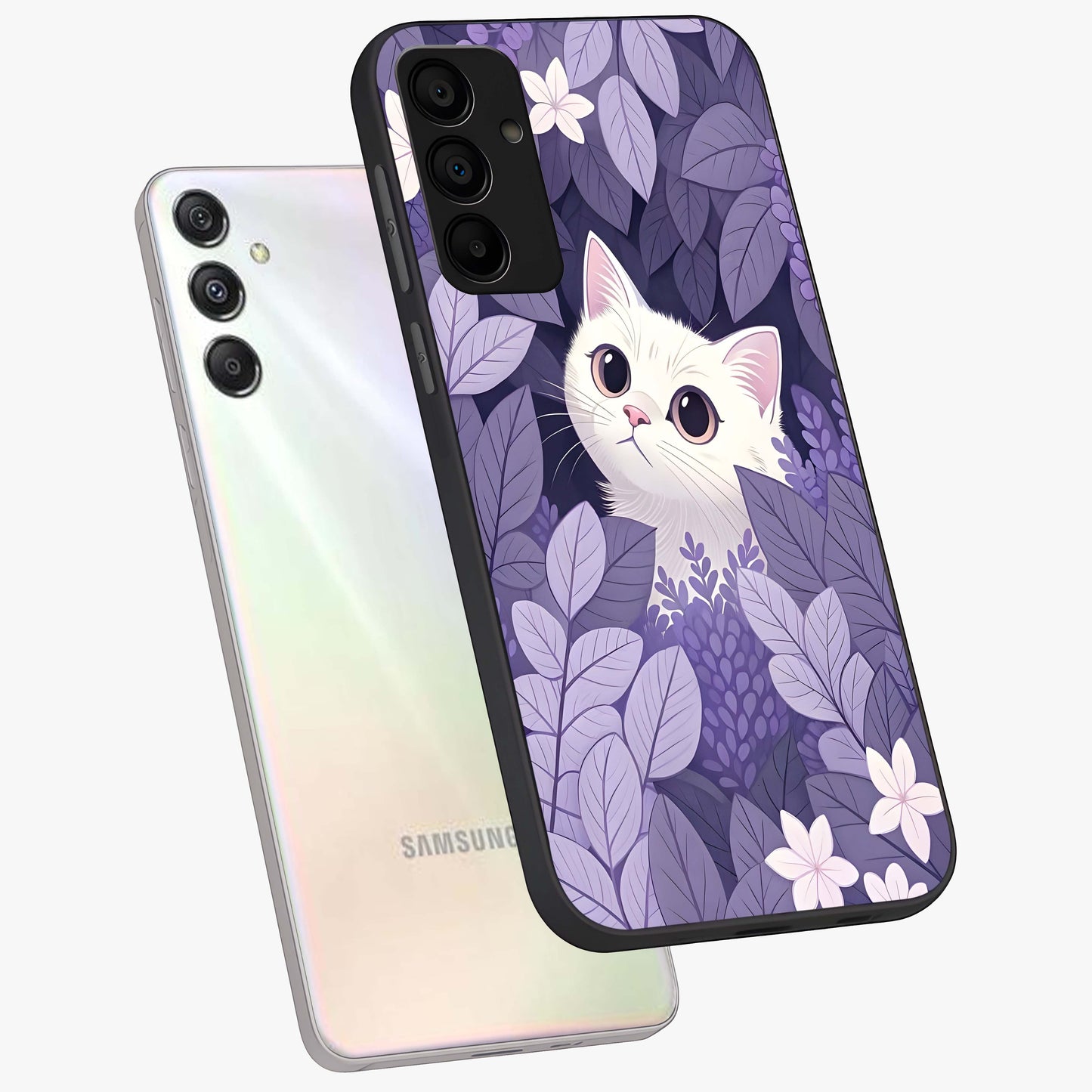 Lilac Hide Peek Cat Glass Case displayed in angled mockup highlighting playful feline illustration with lilac aesthetic design.