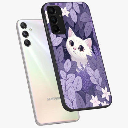 Lilac Hide Peek Cat Glass Case displayed in angled mockup highlighting playful feline illustration with lilac aesthetic design.