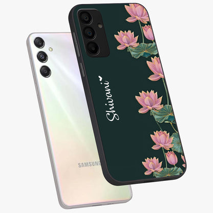 Lotus Bloom Serenity Custom Name Glass Case displayed in angled mockup highlighting graceful lotus illustration with custom name feature.