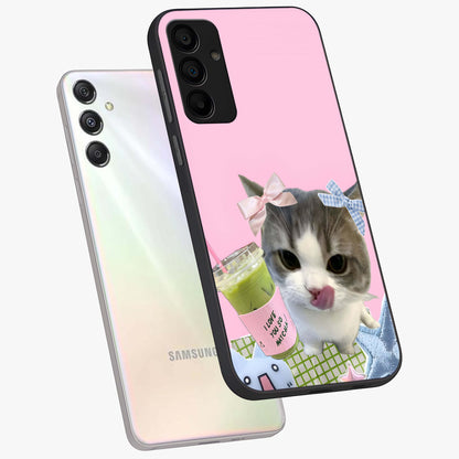 Love Matcha Cat Glass Case displayed in angled mockup highlighting playful feline illustration with cozy matcha aesthetic.