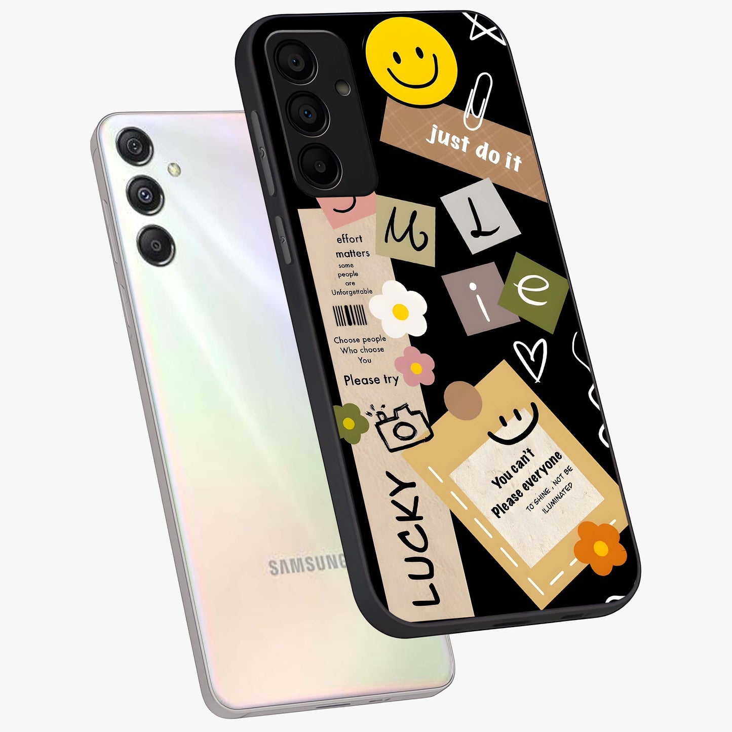 Lucky Aesthetic Collage Glass Case displayed in angled mockup highlighting stylish collage pattern with modern aesthetic vibe.