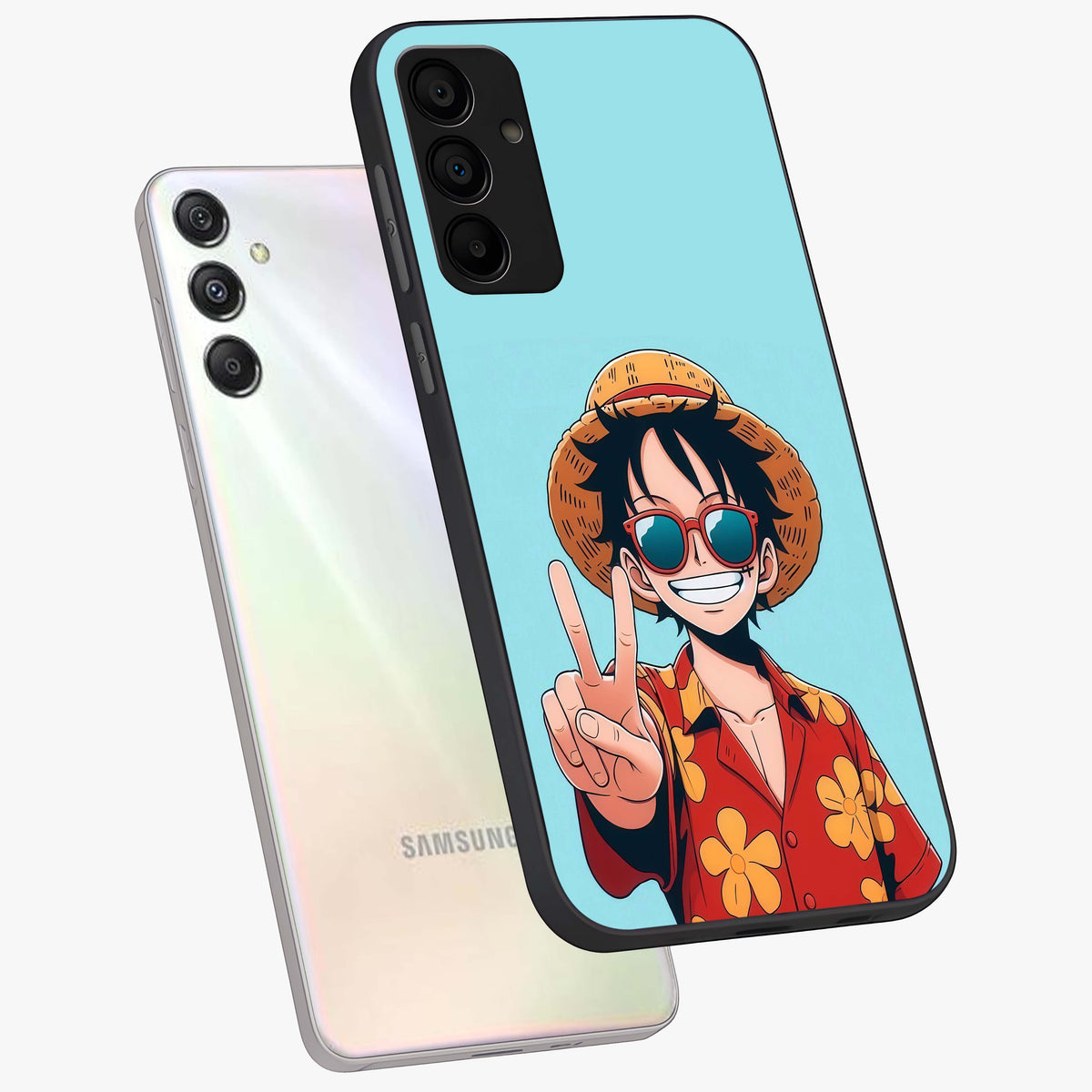 Luffy Summer Anime Vibe Glass Case displayed in angled mockup highlighting energetic anime illustration with summer vibe aesthetic.