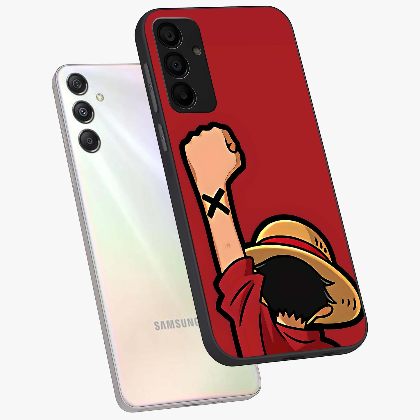 Luffy X Spirit Glass Case displayed in angled mockup highlighting powerful anime design with energetic action aesthetic.