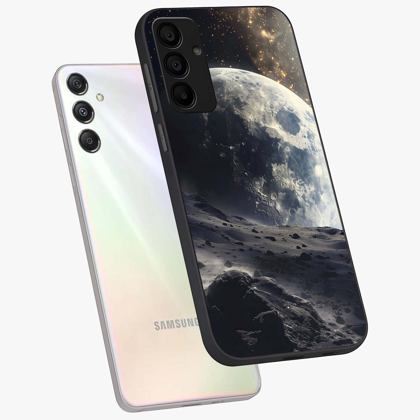 Lunar Horizon Glow Glass Case displayed in angled mockup highlighting celestial moon design with dreamy night aesthetic.