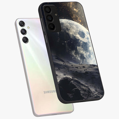 Lunar Horizon Glow Glass Case displayed in angled mockup highlighting celestial moon design with dreamy night aesthetic.
