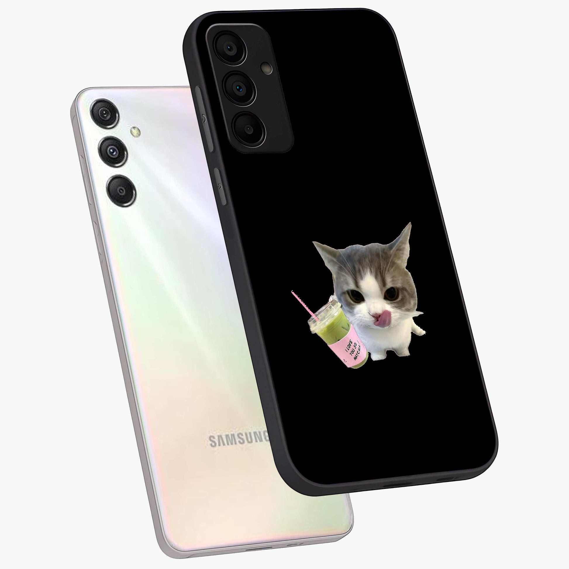 Matcha Cat Style Glass Case displayed in angled mockup highlighting playful feline design with pastel matcha aesthetic.