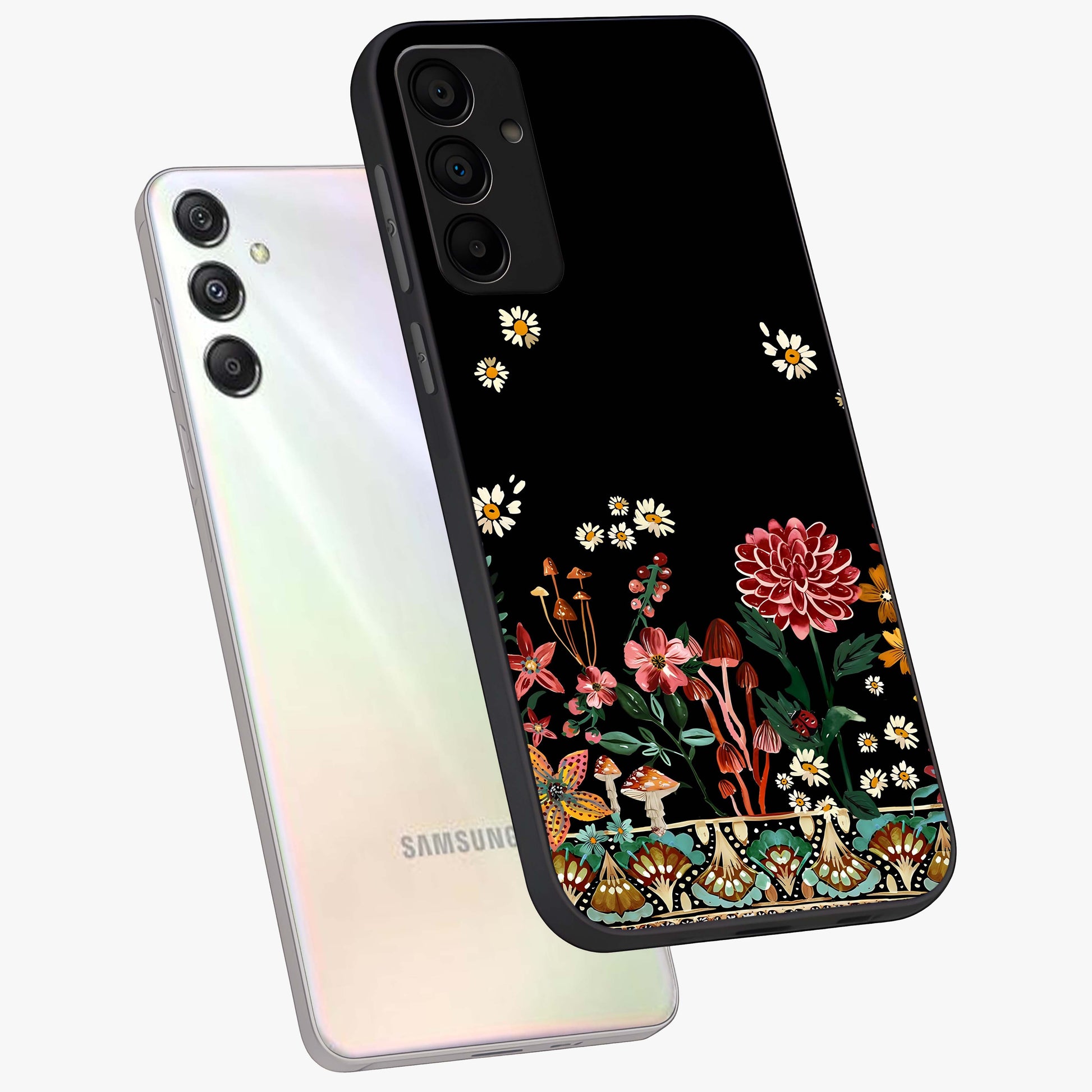 Midnight Bloom Pattern Glass Case displayed in angled mockup highlighting elegant flower design with midnight aesthetic style.