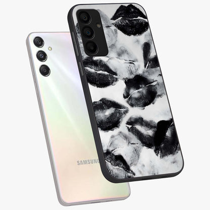 Midnight Kiss Marks Glass Case displayed in angled mockup highlighting playful romantic design with bold midnight aesthetic.