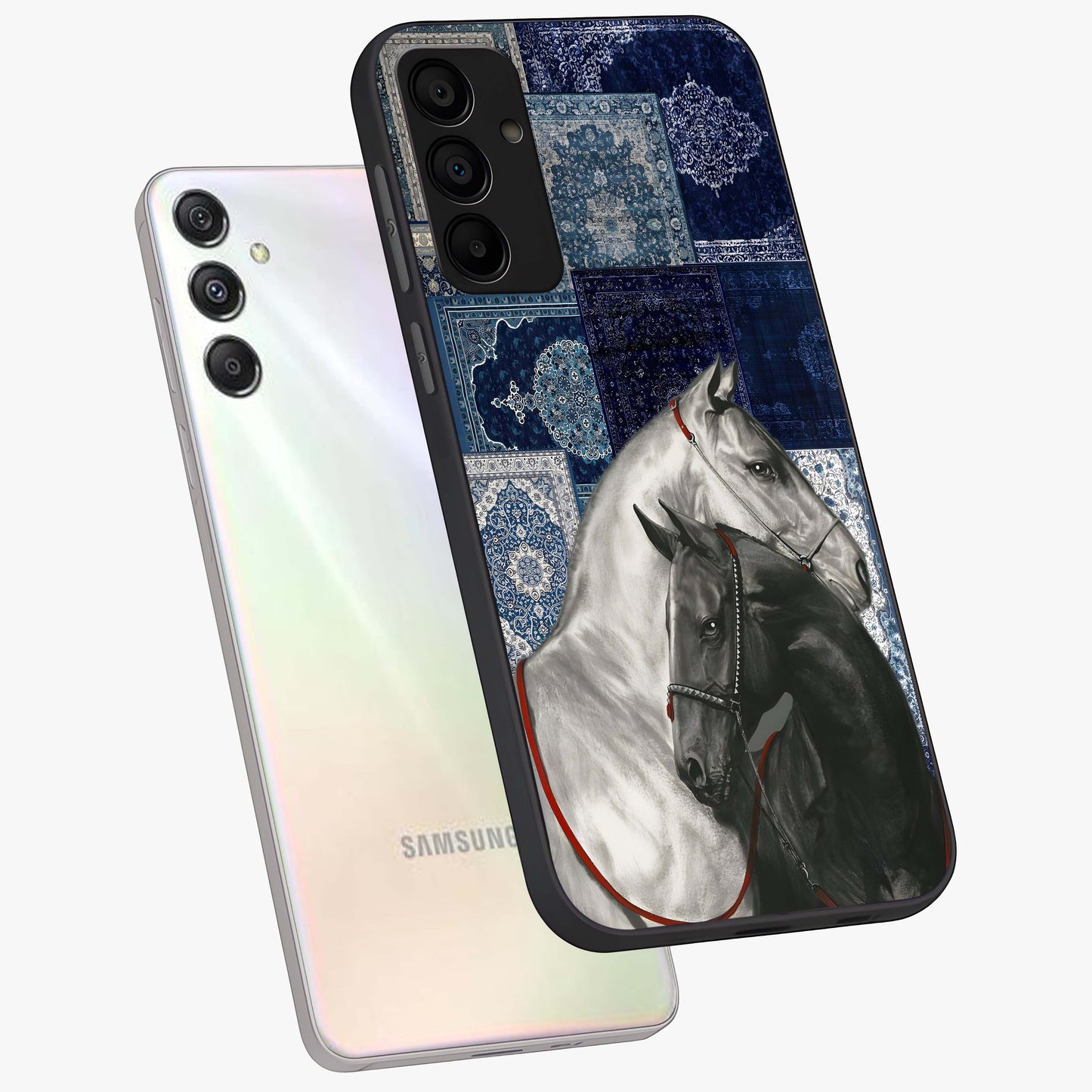 Midnight Stallion Blues Glass Case displayed in angled mockup highlighting powerful stallion illustration with deep midnight tones.