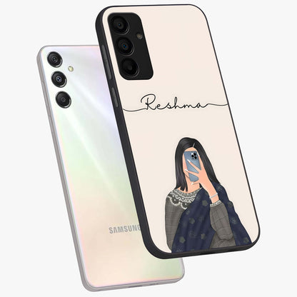 Mirror Mood Muse With Custom Name Glass Case displayed in angled mockup highlighting aesthetic mirror inspired design with custom name feature.