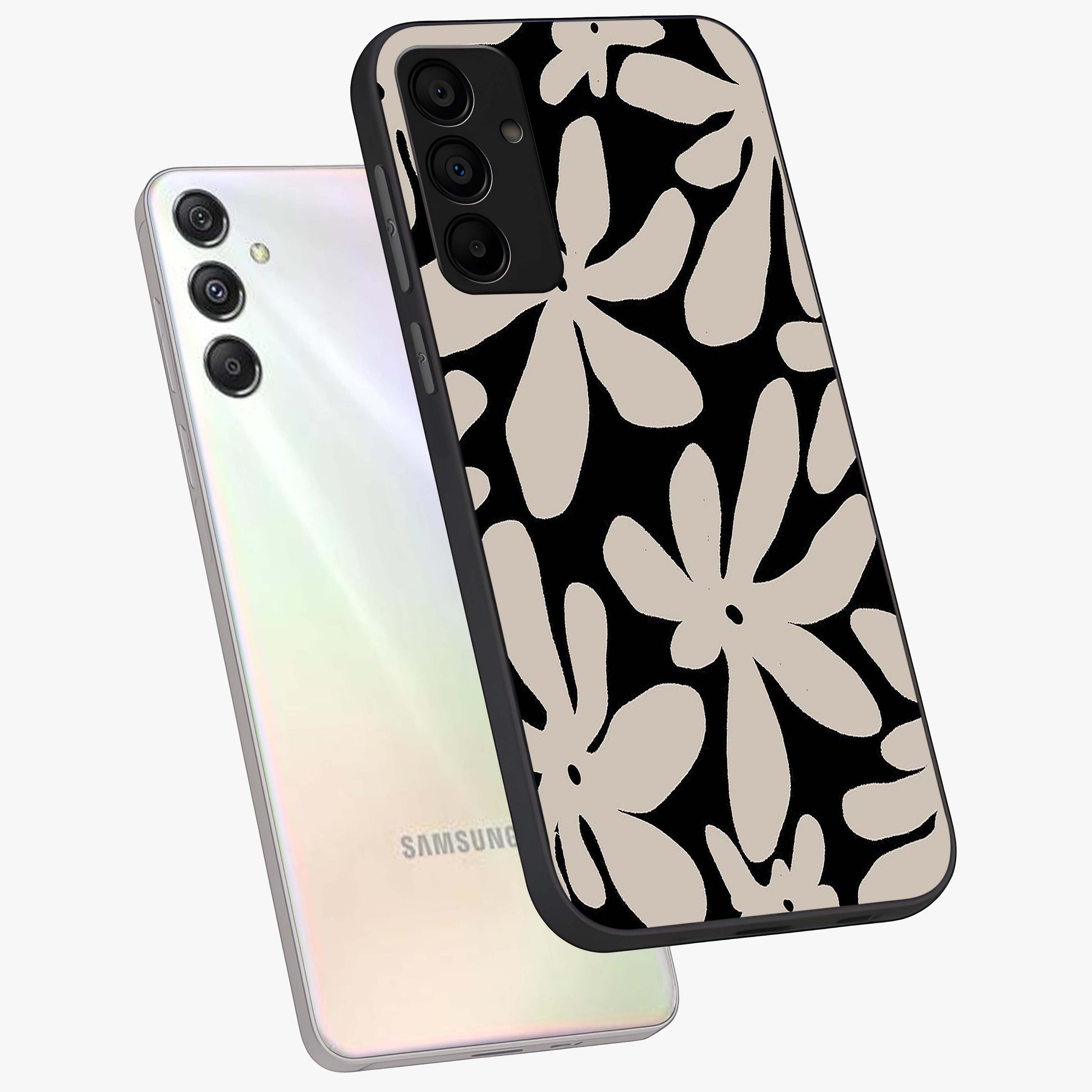 Monochrome Petal Dance Glass Case displayed in angled mockup highlighting elegant petal design with black and white aesthetic.