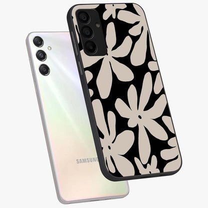 Monochrome Petal Dance Glass Case displayed in angled mockup highlighting elegant petal design with black and white aesthetic.