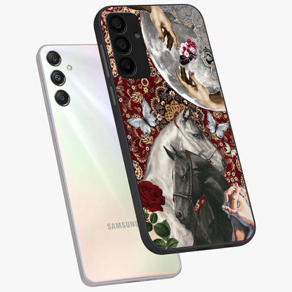 Moonlit Royal Stallion Glass Case displayed in angled mockup highlighting powerful stallion illustration with royal night aesthetic.