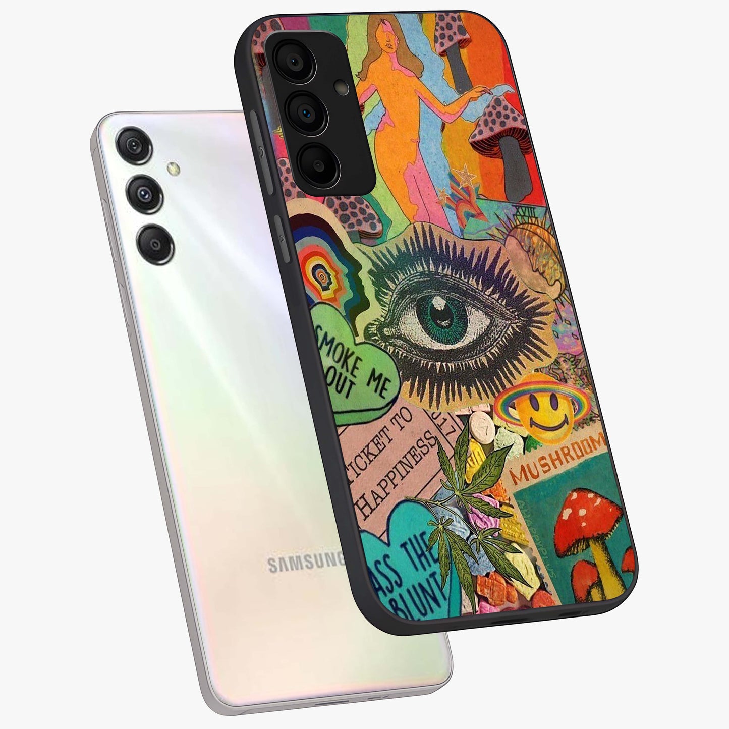 Mystic Eye Wonderland Glass Case displayed in angled mockup highlighting magical eye illustration with dreamy aesthetic.