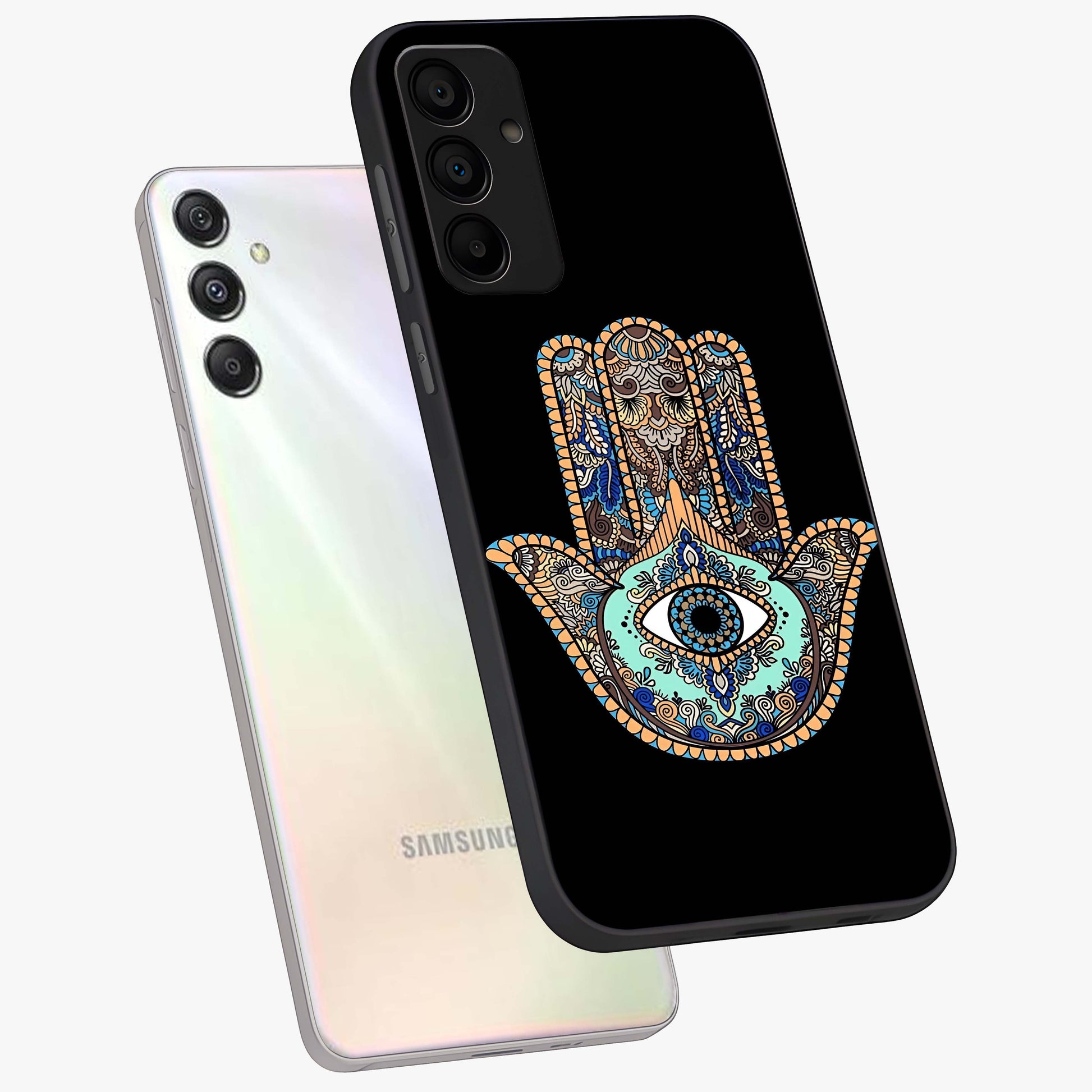 Mystic Hamsa Eye Glass Case displayed in angled mockup highlighting spiritual hamsa symbol with mystical aesthetic style.