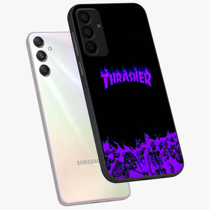 Neon Flame Riot Glass Case displayed in angled mockup highlighting glowing flame design with vibrant neon aesthetic.
