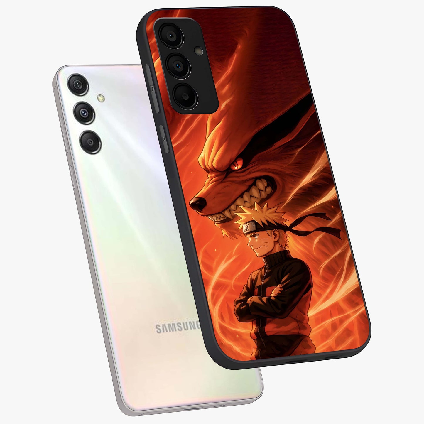 Nine Tails Legacy Glass Case displayed in angled mockup highlighting dynamic anime beast illustration with bold mystical aesthetic.