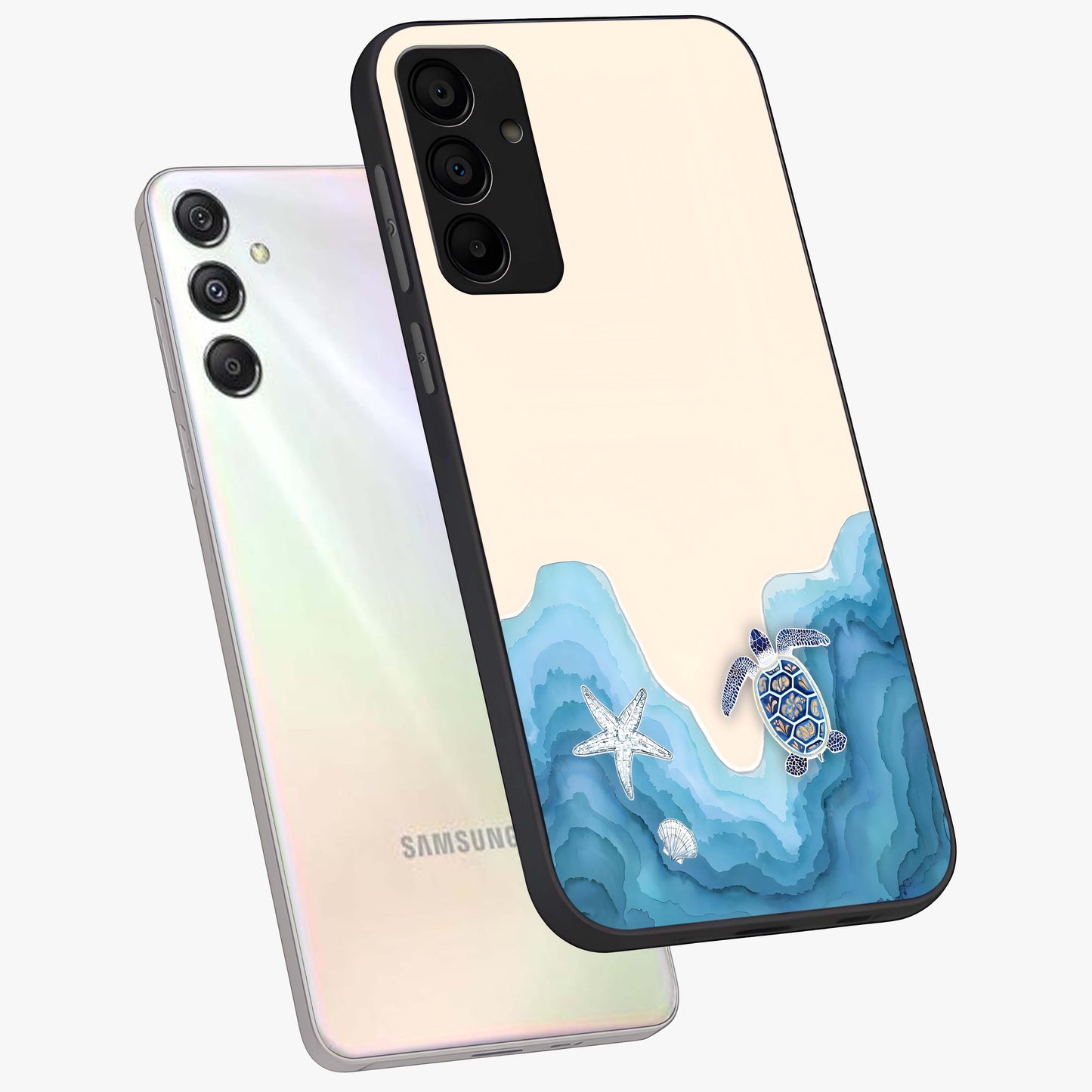Ocean Drift Turtle Glass Case displayed in angled mockup highlighting peaceful ocean turtle illustration with marine aesthetic.